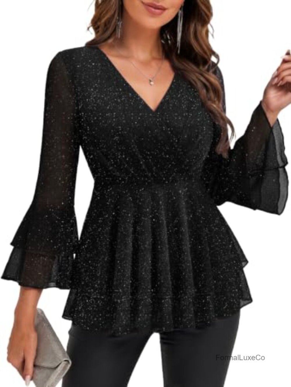Sequin Mesh Peplum Top 3/4 Bell Sleeve V Neck Wrap Blouse
